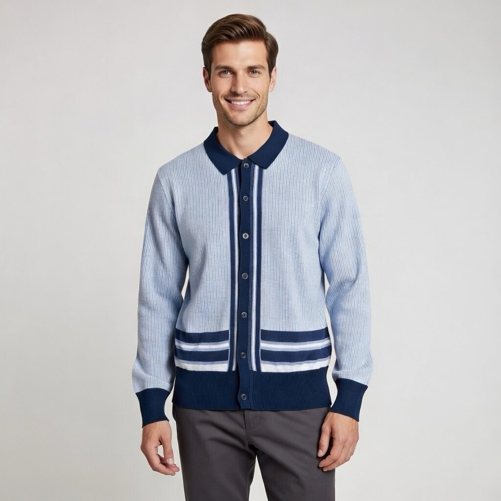 Report Collection Men’s XL‎ Cardigan Sweater NWT Blue Striped Button Front Knit